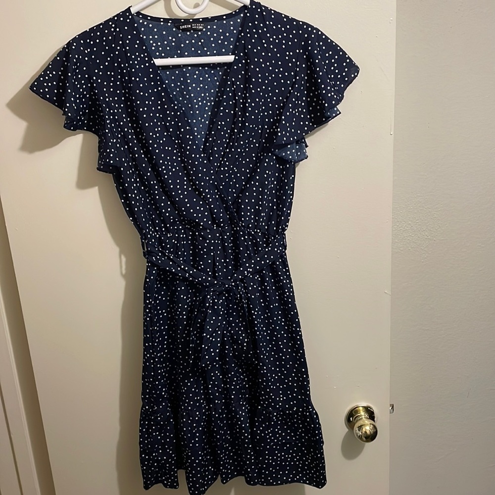 SHEIN Polka Dot Navy Flowy Dress, Size M